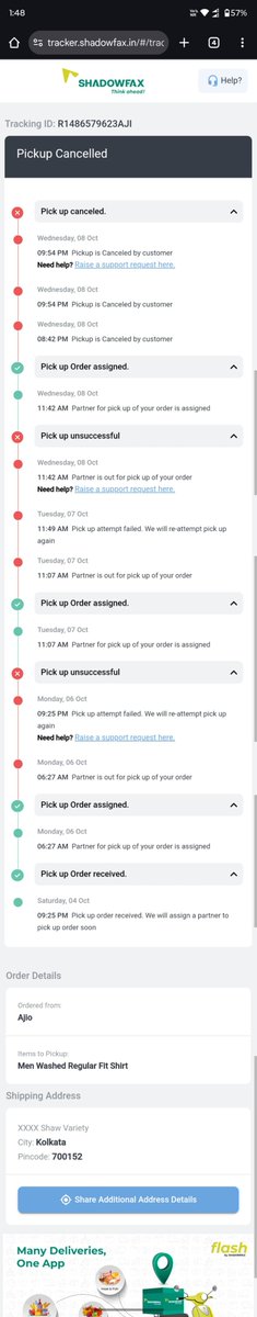 SantanuM23's tweet photo. Hey @AJIOLife @shadowfax_in, my recent return request was cancelled by the delivery guy without my consent. Additionally, he took the return product with the pickup OTP, and I received a pickup cancellation message at 10:10 pm. https://t.co/ZIYsqPCq9f
