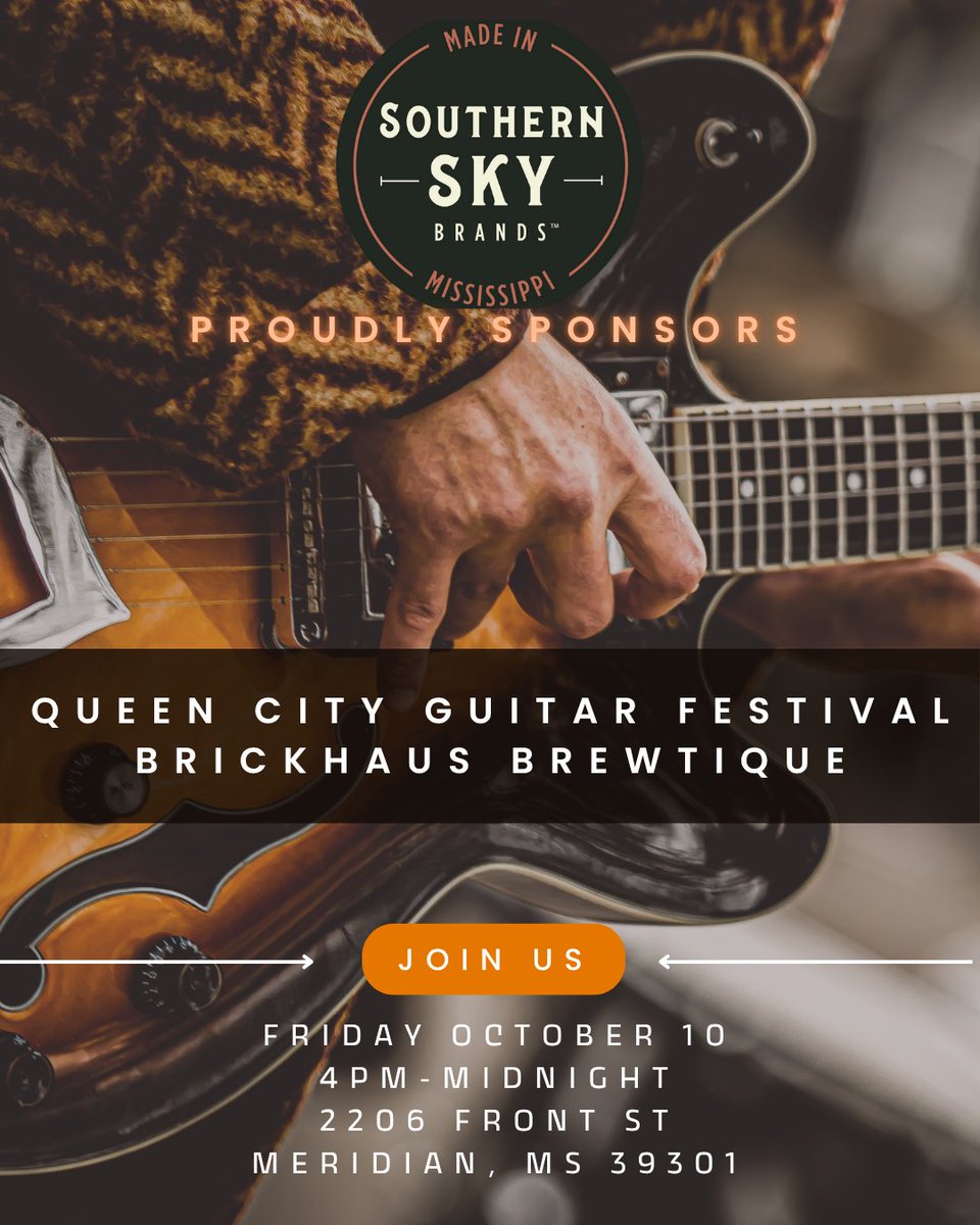 Southern Sky Brands is proud to sponsor the inaugural Queen City Guitar Festival in the heart of Meridian! Join us @Brickhaus Brewtique from 4-12pm for a showcase of guitar collectors, a lineup of incredible musicians, and more!