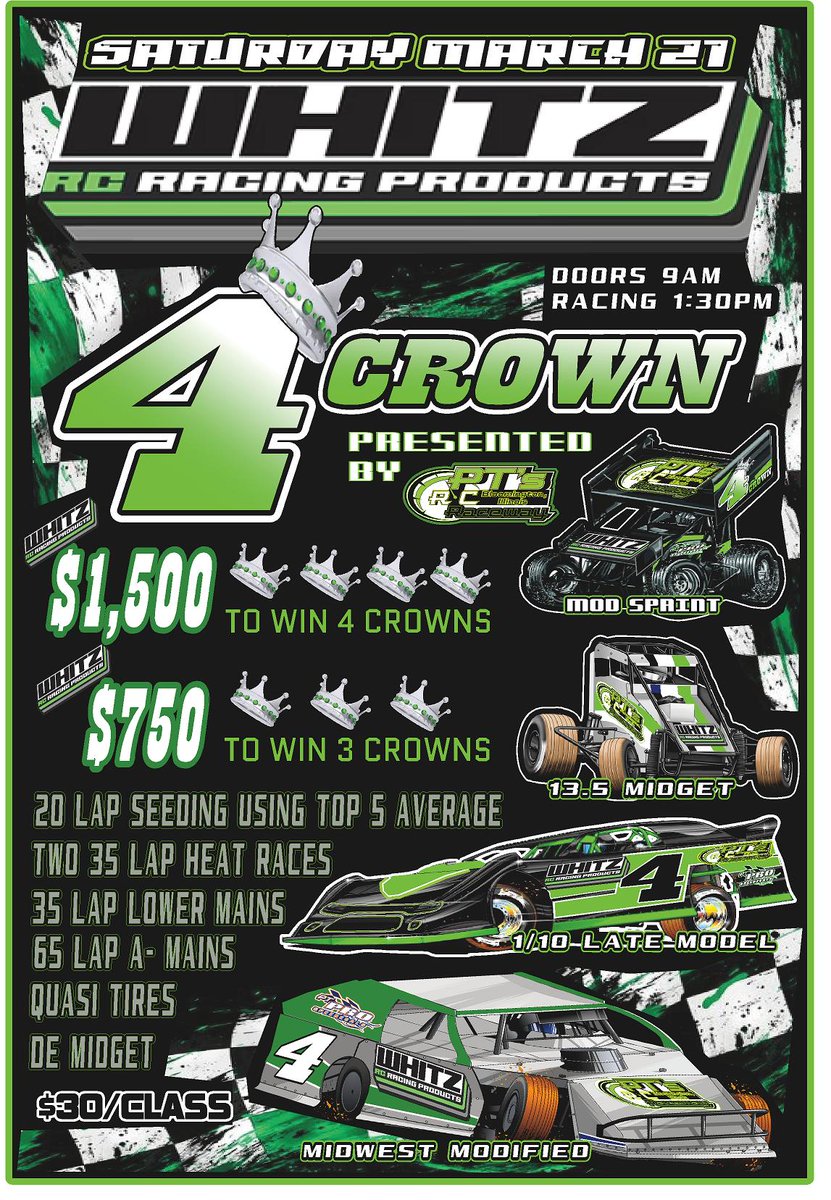 Jack Hewitt Did It, Can You?

Whitz Racing Products and PT's RC Raceway are proud to present, THE 4 CROWN NATIONALS...

Modified Sprint Car, Modified Late Model, 13.5 Midget and Midwest Modifieds race to be #Crowned the #4CrownChampion

What's that you say? If you win all 4