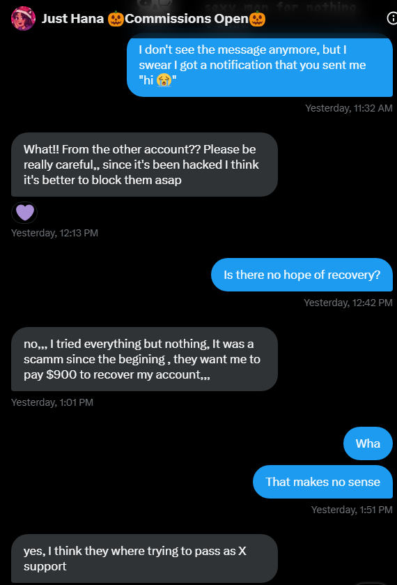 Hey guys, Hana has to switch back to her old account for the time being until she figures out if she's able to recover her old account or not, since it's been hacked.

If you are currently following or have a comm from <a href="/1404_hana/">Just Hana</a>, please follow the account in the QRT! Thank you!