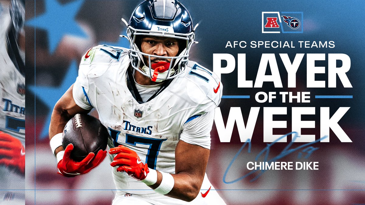 TitansPR's tweet image. Chimere Dike has been named AFC Special Teams Player of the Week ‼️

• Among qualifiers, Dike led the NFL with an average of 34.0 yards per kickoff return in Week 5

• Two of the top-five longest kickoff returns this season including a Week 5 long of 65 yards

• First rookie…