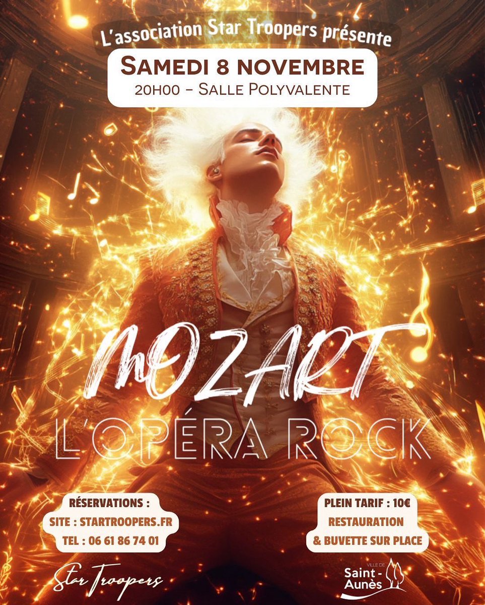 🎸 Mozart version rock, ça va décoiffer ! ⚡
Un show explosif mêlant classique, costumes et énergie moderne 🔥
📅 Sam. 8 nov – 20h
📍 Salle Polyvalente, Saint-Aunès
💸 10 € | 🍔 Buvette &amp; resto sur place
🎟️ startroopers.fr | 06 61 86 74 01