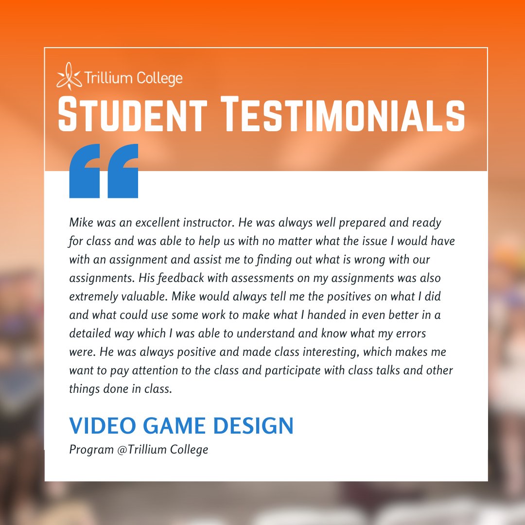 TrilliumCollege's tweet image. Shoutout to instructors like Mike for making learning fun, supportive, and full of helpful feedback!

Turn your creativity into real games with our 18-month Video Game Design diploma. 🍂 Fall enrolments open!
trilliumcollege.ca/technology-pro…

#VideoGameDesign #GameDevLife #TrilliumCollege