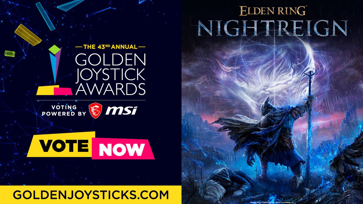 Against the encroaching dark, you heeded the call of battle.

We are honored to have #ELDENRING #NIGHTREIGN nominated for Best Multiplayer Game at the #GoldenJoystickAwards in a category filled with such remarkable games. 
 
Cast your vote today: gamesradar.com/goldenjoystick…