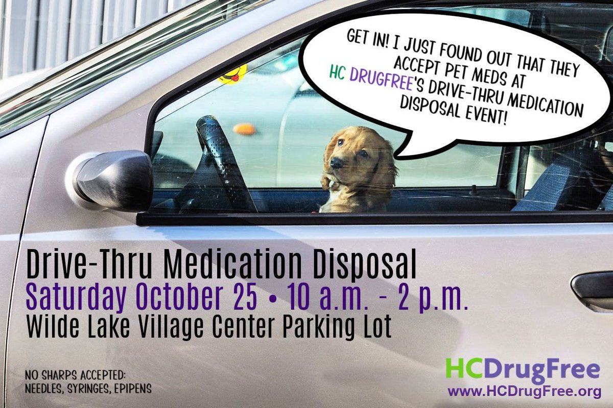 Bring your pet meds to HC DrugFree's Medication Collection on Saturday, October 25, 2025, from 10 a.m. to 2 p.m. at the Wilde Lake Village Center Parking Lot. 
 
hcdrugfree.org/drug-take-back…
