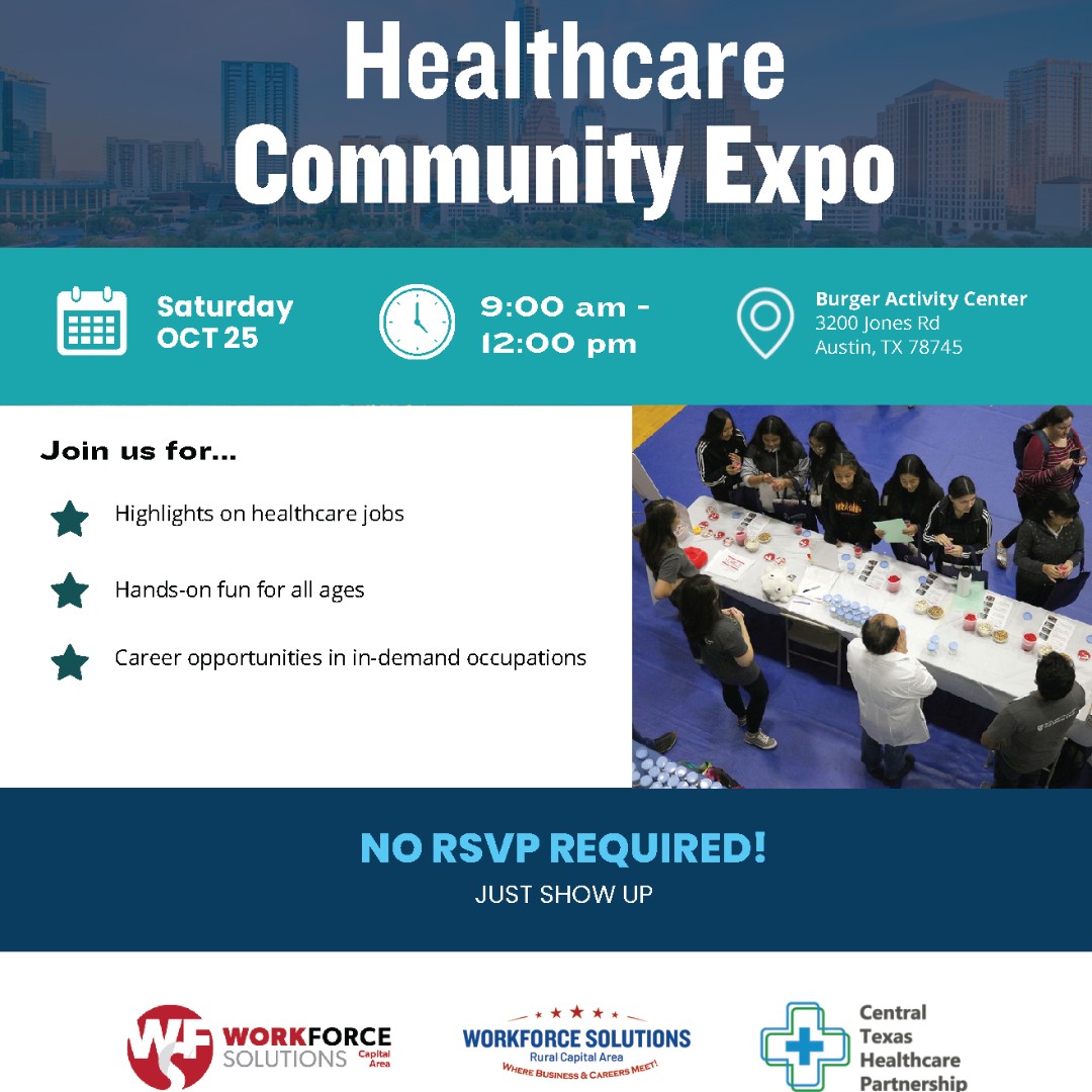The Healthcare Community Expo is this month! 🎉

On Saturday, Oct. 25, bring the whole family for hands-on fun and to learn about career opportunities in healthcare occupations.

No RSVP required... just show up!

#atx #healthcare #healthcarecareers #healthcareindustry #community