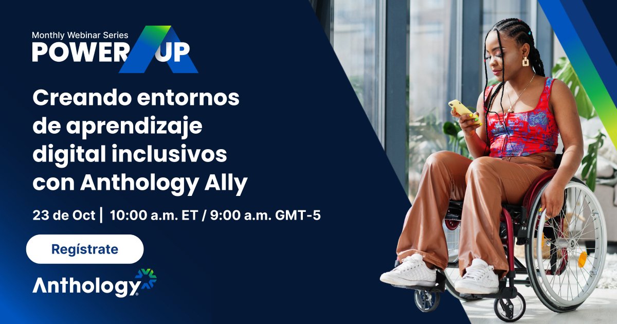 Power UP^: Serie de webinars
Este octubre a las 10 a.m. ET, únete a Michelle Bass (UDLA) y Andrea Rojas (Anthology) para ver cómo Ally mejora la accesibilidad y crea aprendizaje digital inclusivo.
Regístrate: ow.ly/ggJv50X81CV

#Ally #A11y #accesibilidad