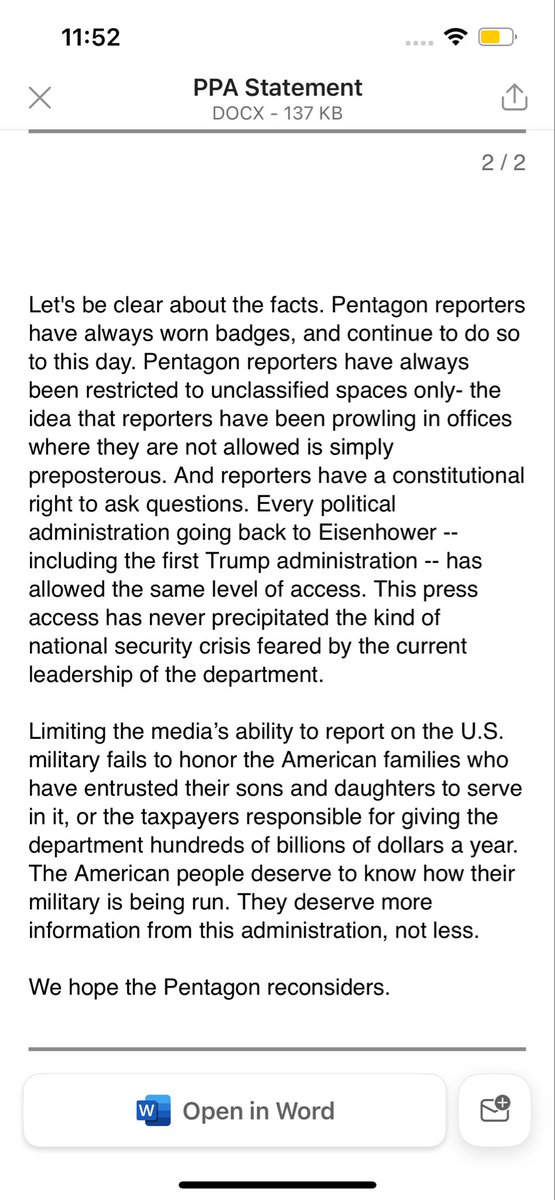 MatthewAdams60's tweet image. The Pentagon Press Association released a statement on the Defense Department’s new media rules. Take time to read this.