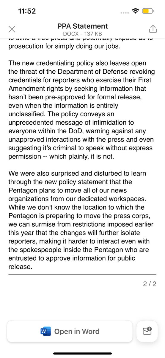 MatthewAdams60's tweet image. The Pentagon Press Association released a statement on the Defense Department’s new media rules. Take time to read this.