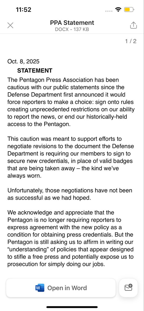 MatthewAdams60's tweet image. The Pentagon Press Association released a statement on the Defense Department’s new media rules. Take time to read this.