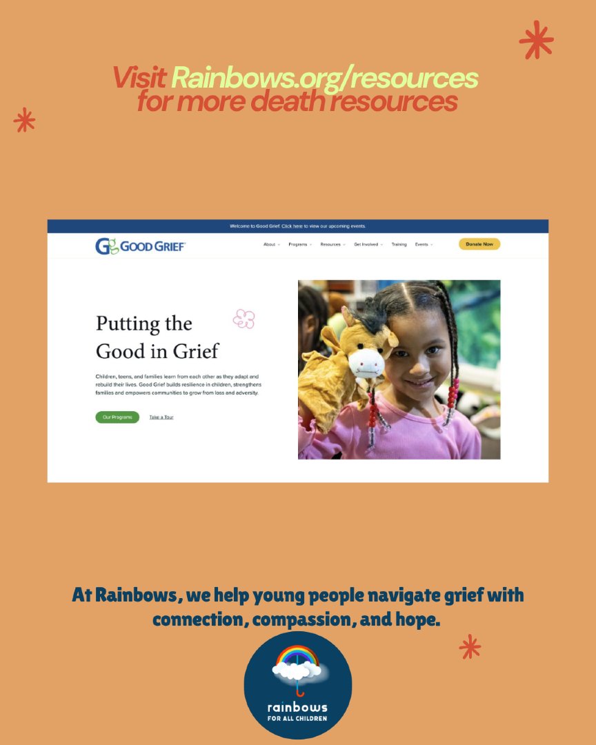 It's Resource Wednesday! This week we are highlighting the organization, "Good Grief."

Check out this resource at: good-grief.org or by visiting our death resource page at rainbows.org.

#resources #griefsupport  #griefresources