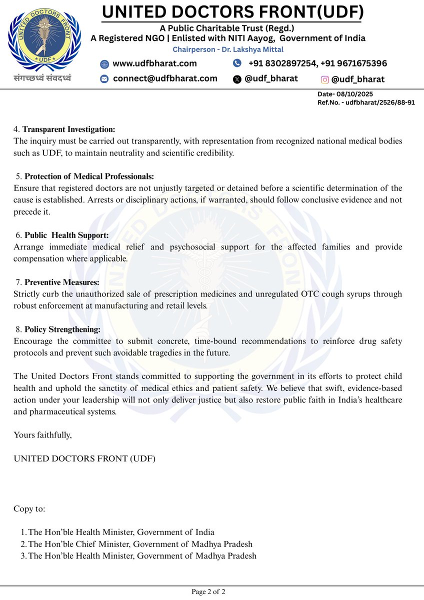 United Doctors Front (UDF) has written to the Hon’ble Prime Minister seeking a central, transparent probe into the reported child deaths in Madhya Pradesh linked to a suspected contaminated cough syrup; nationwide batch testing with public disclosure; time-bound accountability