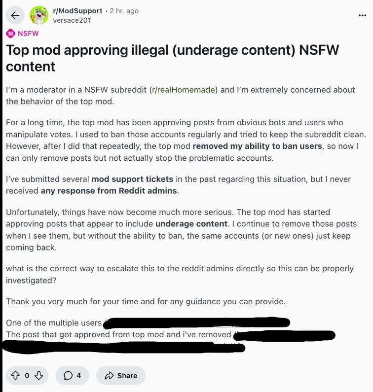 A NSFW mod is approving CSAM and Reddit isn't doing anything about it despite other mods begging Reddit employees to step in.