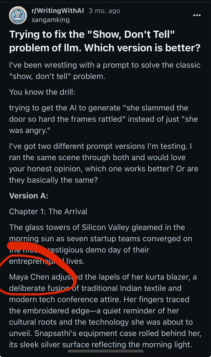 chrissyykat's tweet image. new way to detect if a story was written by ai: the name Maya Chen??

was ideating with claude and it proposed the name “maya chen.” I didn’t think much about it until the next day, I saw a nano banana image that generated “maya chen” on a badge. I then went to chatgpt and asked…