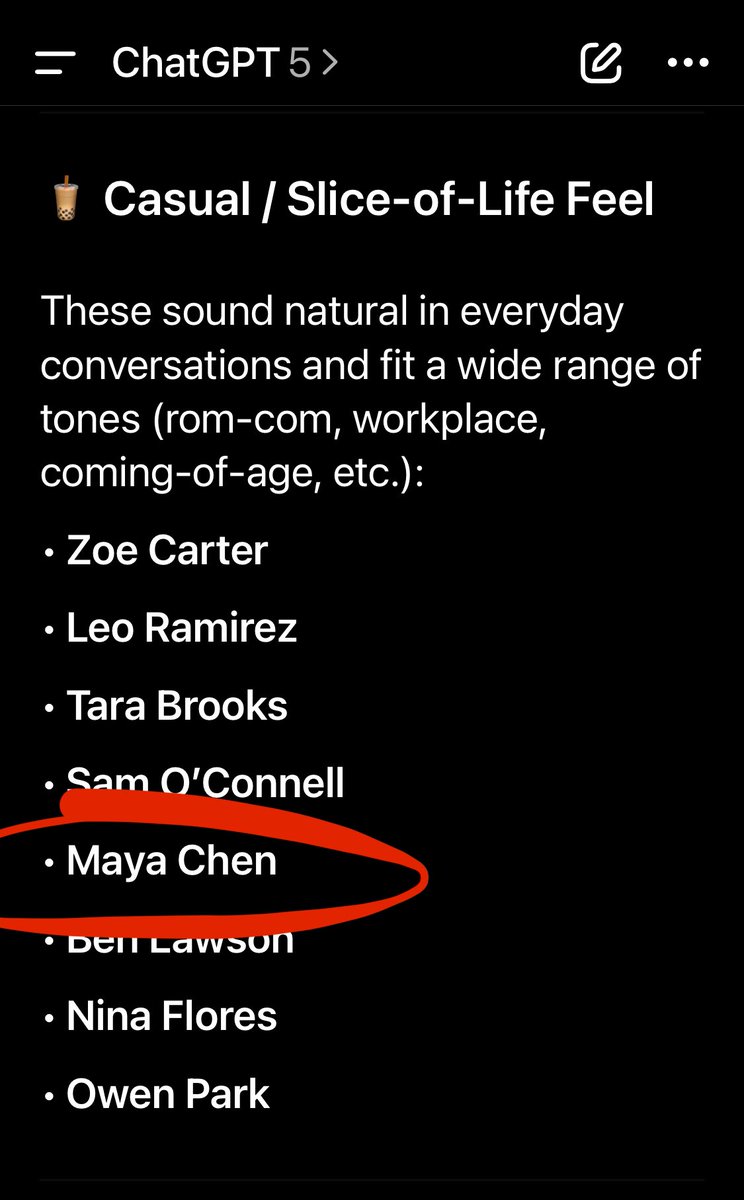 chrissyykat's tweet image. new way to detect if a story was written by ai: the name Maya Chen??

was ideating with claude and it proposed the name “maya chen.” I didn’t think much about it until the next day, I saw a nano banana image that generated “maya chen” on a badge. I then went to chatgpt and asked…