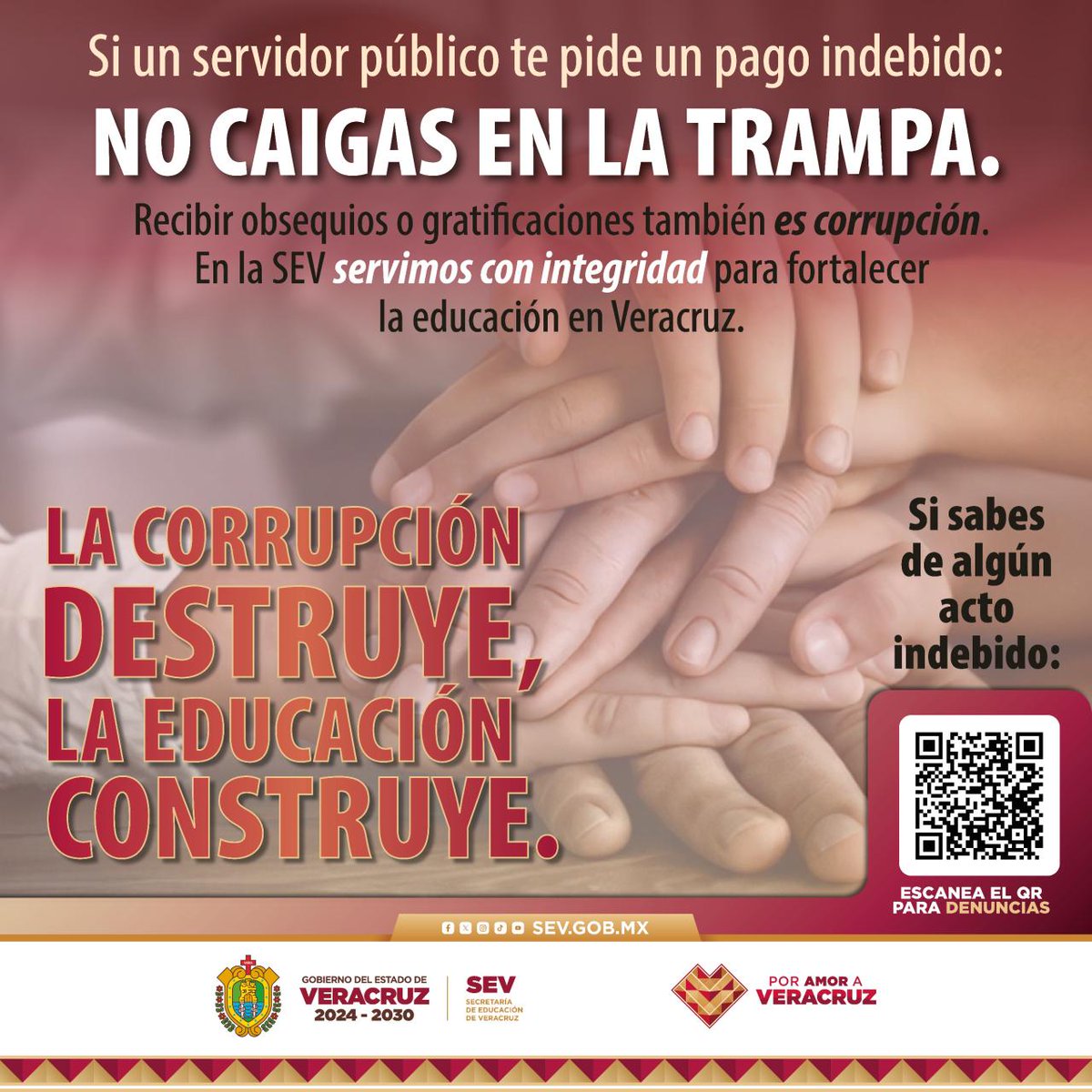 SEducacionVer's tweet photo. 📚 Por una educación íntegra y libre de corrupción, con procesos justos e imparciales.

✅ Recuerda: todos los trámites en la SEV son gratuitos, sin sobornos ni favores.

Denuncia en el siguiente link https://t.co/5V2JqcoyDX y haz valer tus derechos. 💡
#CeroCorrupción https://t.co/pHwTTXHHBW