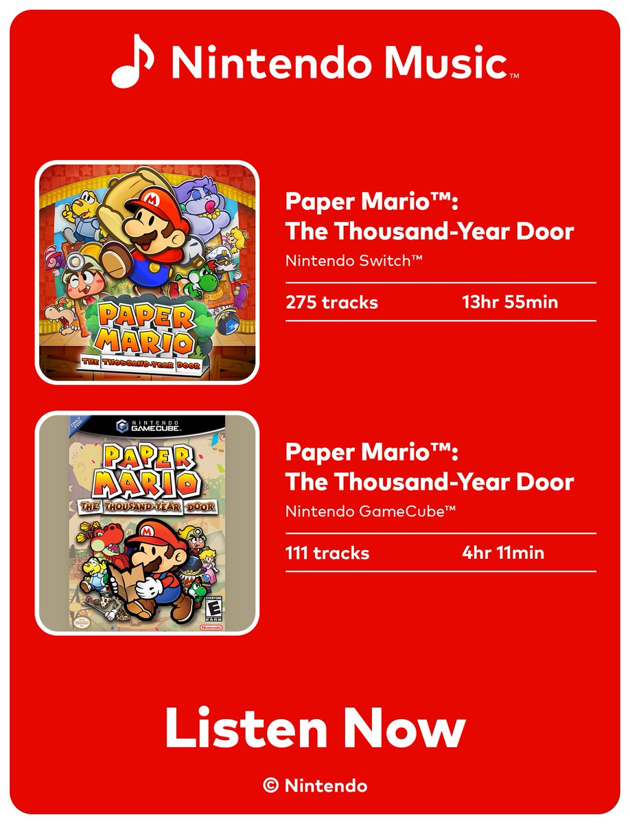 ¡La música de las versiones de Nintendo Switch y Nintendo GameCube de Paper Mario: The Thousand-Year Door ya está disponible en la aplicación de #NintendoMusic! 

Escúchala aquí: nintendo.com/es-mx/online/n…