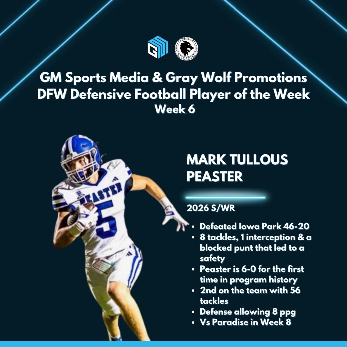 GM Sports Media &amp; Gray Wolf Promotions
DFW Defensive Football Player of the Week
Week 6

MARK TULLOUS | PEASTER

⭐️Defeated Iowa Park 46-20
⭐️8 tackles, 1 interception &amp; a blocked punt that led to a safety
⭐️Peaster is 6-0 for the first time in program history
⭐️2nd on the team