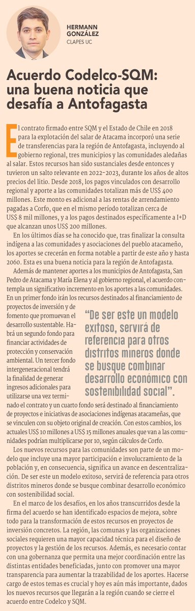 Diario Financiero (@dfinanciero) on Twitter photo 💬 #OpiniónDF | Columna - Acuerdo Codelco-SQM: una buena noticia que desafía a Antofagasta
✍🏻 <a href="/hegonzalb/">Hermann González</a>, Clapes UC
df.cl/opinion/column… 💬 #OpiniónDF | Columna - Acuerdo Codelco-SQM: una buena noticia que desafía a Antofagasta
✍🏻 <a href="/hegonzalb/">Hermann González</a>, Clapes UC
df.cl/opinion/column…