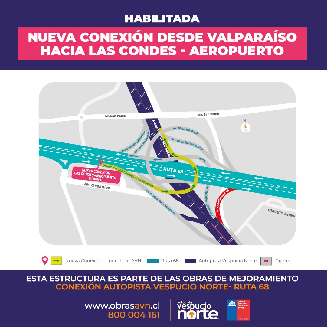 ✅HABILITADA NUEVA CONEXIÓN DESDE LA COSTA HACIA LAS CONDES - AEROPUERTO   
Toma la conexión desde #Ruta68 (nuevo paso sobre nivel) para dirigirte al norte por #VespucioNorte #NuevoEnlace

<a href="/TTISantiago/">TransporteInforma Región Metropolitana De Santiago</a> <a href="/radiocarab/">Carabineros Radio</a> <a href="/mop_chile/">Ministerio de Obras Públicas🇨🇱</a> <a href="/Ruta68cl/">Ruta 68</a>
<a href="/AeropuertoStgo/">Aeropuerto Santiago de Chile</a>