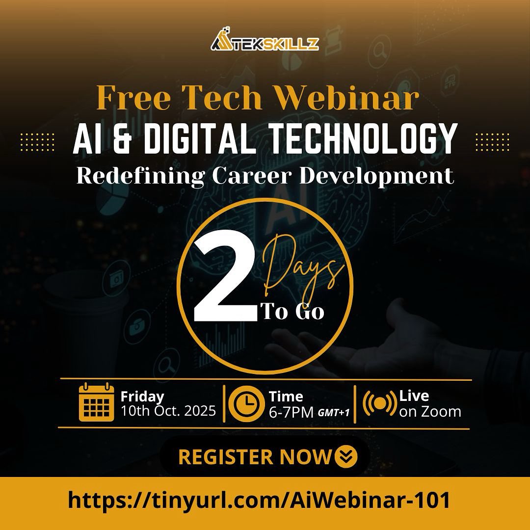 TekskillzTech's tweet image. Webinar on AI &amp;amp; Digital Technology on Friday, Oct 10th (6–7 PM GMT+1) to learn how AI is reshaping career development. 

🔗 Register here: tinyurl.com/AiWebinar-101

#Tekskillz #tekskillztech #aicareerdevelopment #aiwebinar #digitaltechnology