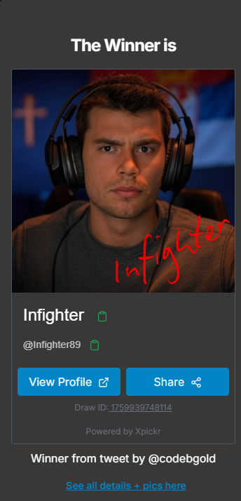 codebgold's tweet photo. Congrats to @Infighter89! 

Message me your SOL Address. https://t.co/mOC1B4uKCN