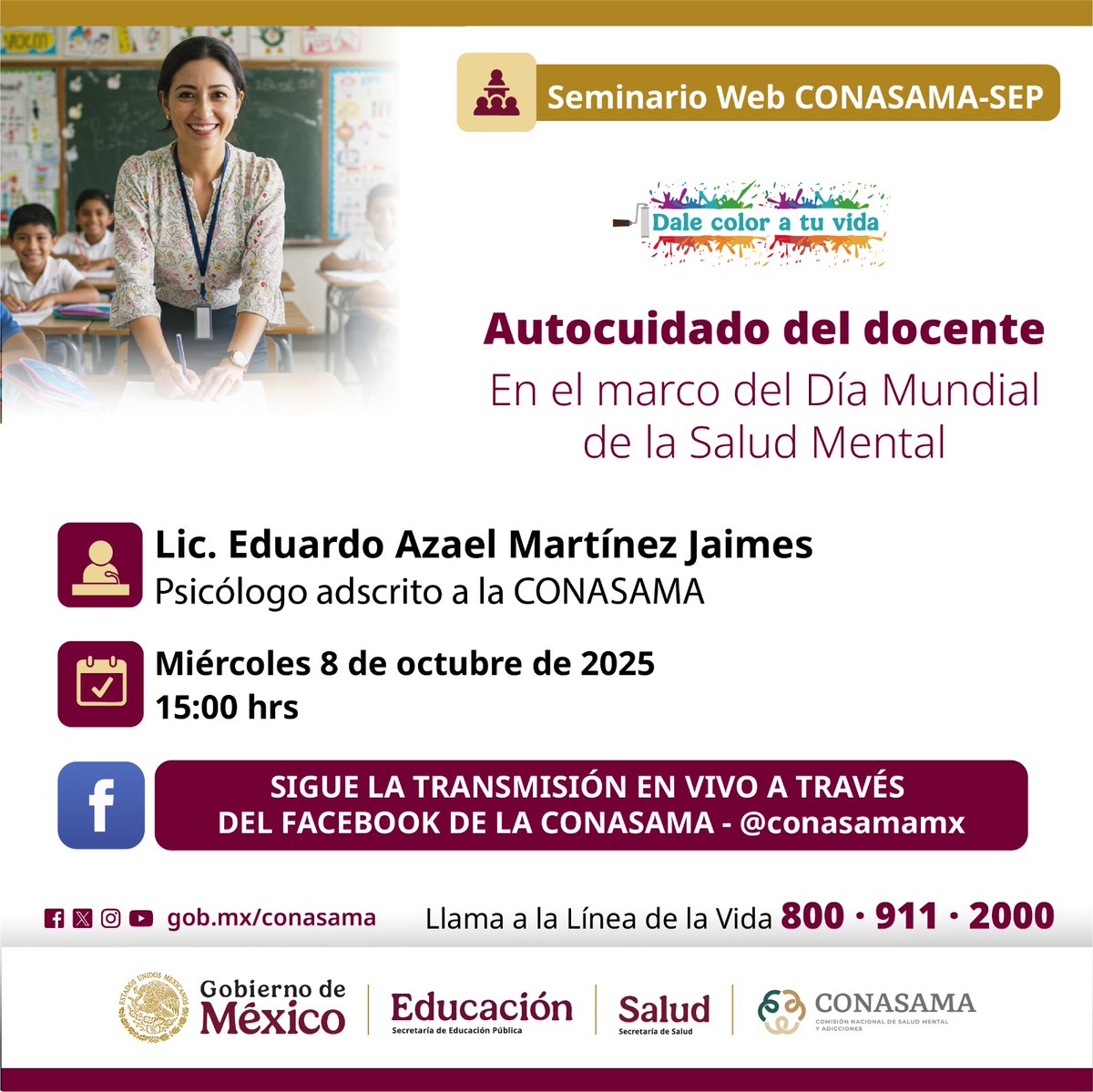 IMPORTANTE‼️
A los docentes de la #EPO181, se les hace la cordial invitación al #Seminario “Autocuidado del docente”, el día miércoles 8 de octubre del 2025 a las 15:00 hrs a través de #Facebook facebook.com/conasamamx
<a href="/SEP_mx/">SEP México</a>
@CONASAMA
<a href="/Edomex/">Gobierno del Estado de México</a>
<a href="/SEMSedomex/">SEMS</a>
@DEMSedomex
<a href="/dbg_epoem/">Dirección de Bachillerato General.Estado de México</a>