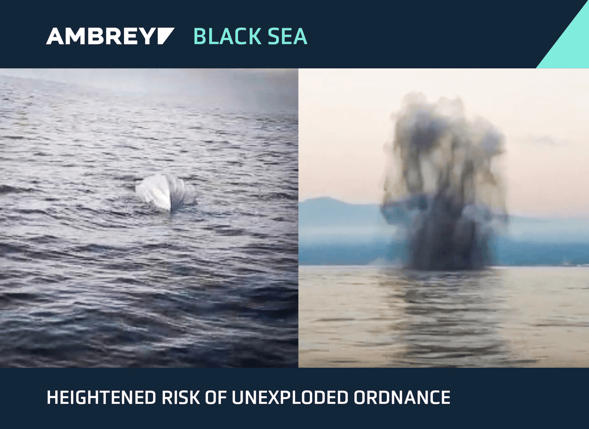 AmbreyRM's tweet photo. 🚨 AMBREY: Heightened Risk of Unexploded Ordnance in the Black Sea

Recent USV/UAV strikes on Novorossiysk &amp; Tuapse have led to drifting explosive-laden drones &amp; debris washing up as far as Bulgaria.

🔗 https://t.co/RvczoShXG2
#MaritimeRisk #BlackSea #ShippingSafety #Ambrey https://t.co/gXC7SqDUsL