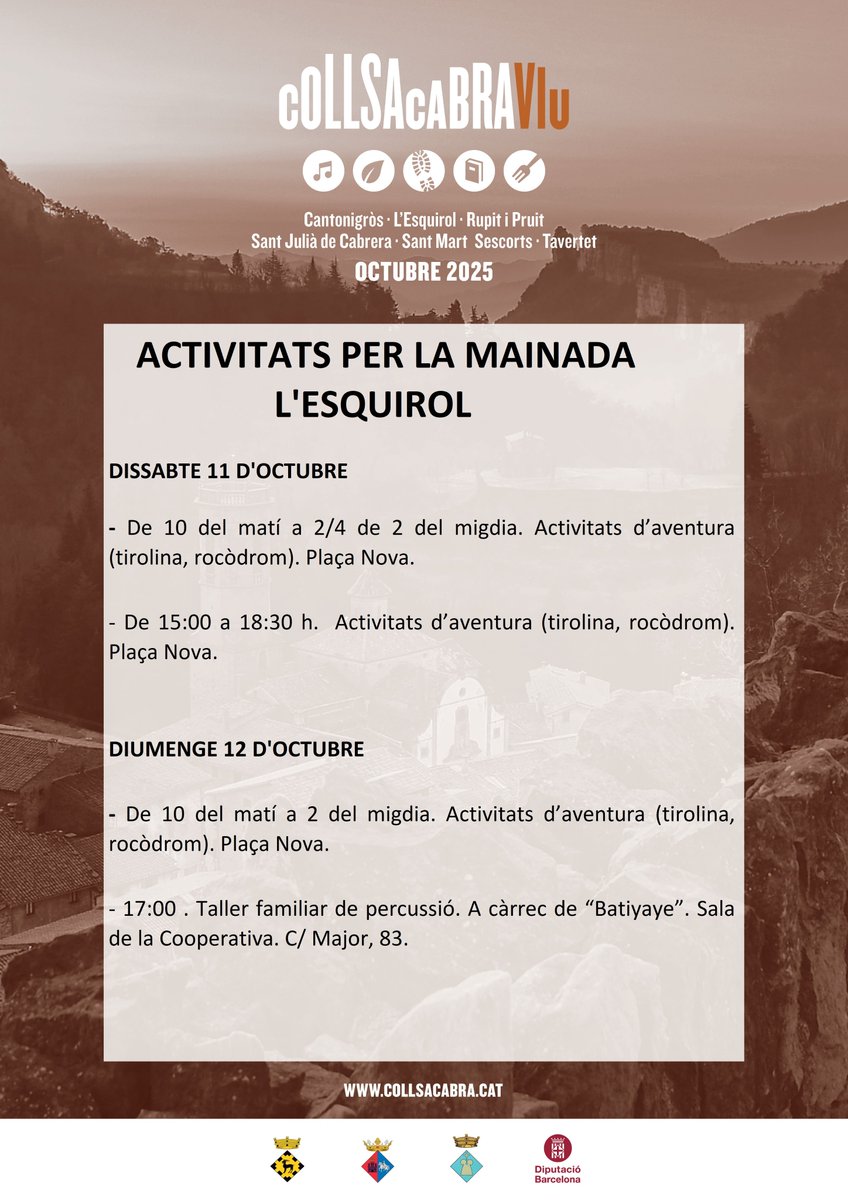 CollsacabraV's tweet photo. Els més petits tindran feina aquest cap de setmana a l'Esquirol!😊 Mireu tot el que tenim preparat! Us ho perdreu?

#collsacabra #collsacabraviu https://t.co/Nc6rhCnD2Z