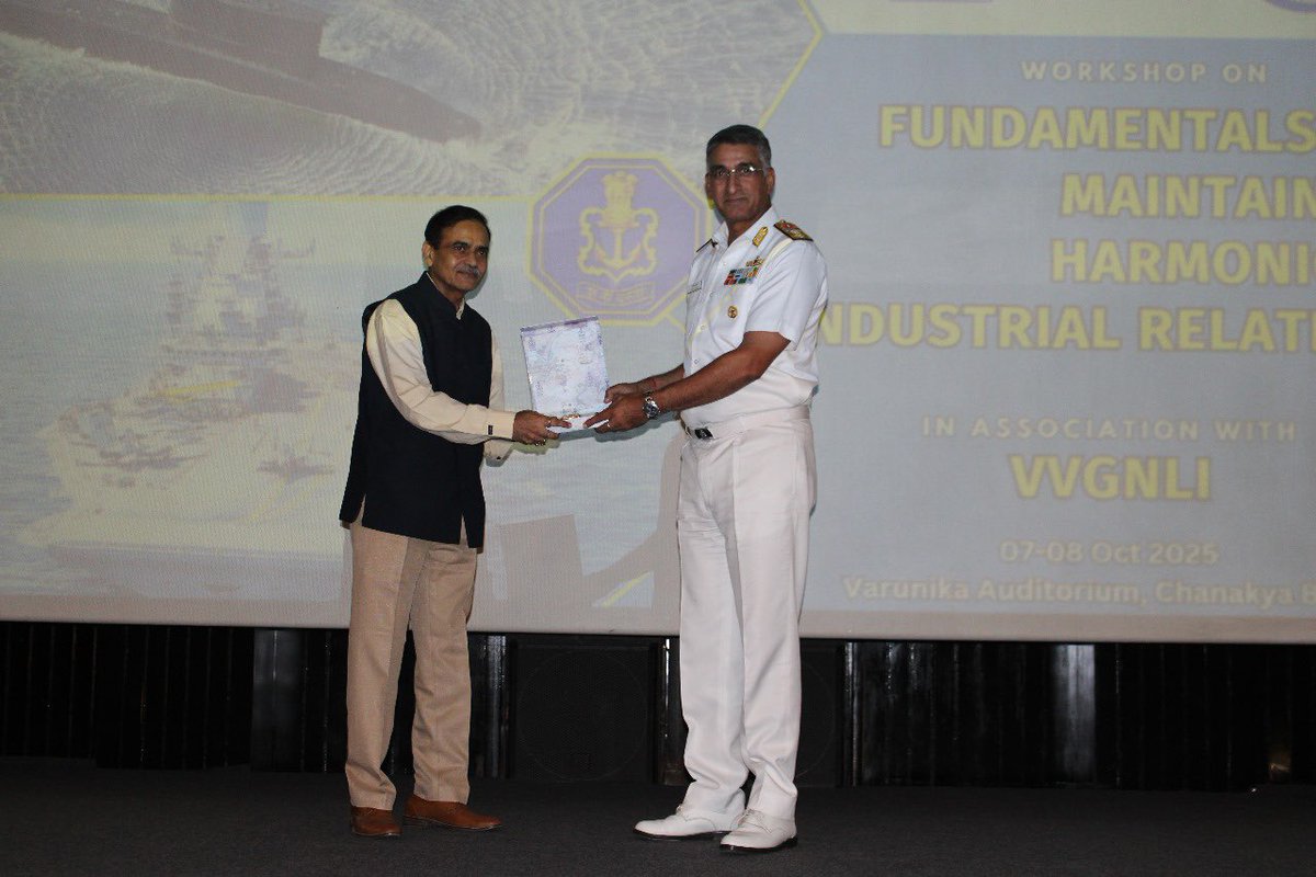 IN_DCP's tweet photo. NHQ/DCP successfully concluded its two-day workshop on Fundamentals of Harmonious Industrial Relations, organised in collaboration with the V.V. Giri National Labour Institute at Varunika Auditorium, Delhi.

Day Two carried forward the momentum with engaging sessions by eminent experts, including Shri Ranjan Verma, Former Chief Labour Commissioner, and Shri Alok Verma, Former Director (HR & Personnel), HAL. They shared rich insights on evolving industrial relations frameworks, conflict resolution, and the pivotal role of leadership in building trust and cooperation at the workplace.

Participants responded enthusiastically, valuing the practical perspectives and interactive discussions.

The workshop concluded with a Vote of Thanks by Capt Sanjay Bisht, Capt (CP), who appreciated the efforts of the organisers, VVGNLI experts, and participants from various Commands and NHQ.

With this successful initiative, NHQ/DCP reaffirmed its commitment to promoting industrial harmony as a cornerstone of organisational growth and operational excellence.
#IndianNavy
#NavalCivilians