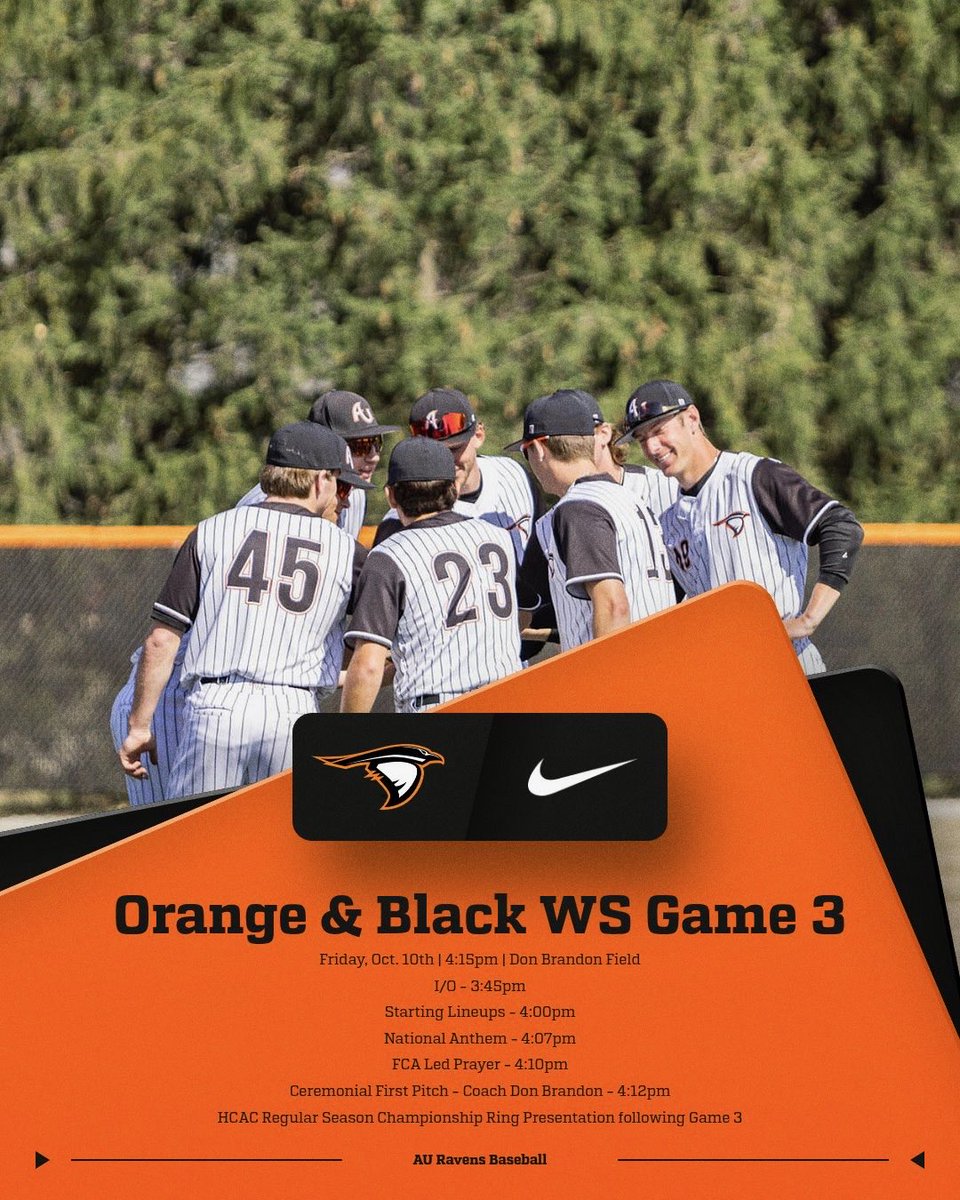 You won’t want to miss Game 3 of the Orange and Black World Series coming up this Friday, October 10th.

Event starts at 3:45pm, with game time set for 4:15pm!

Stick around after the game for the presentation of the HCAC regular season championship ring ceremony.