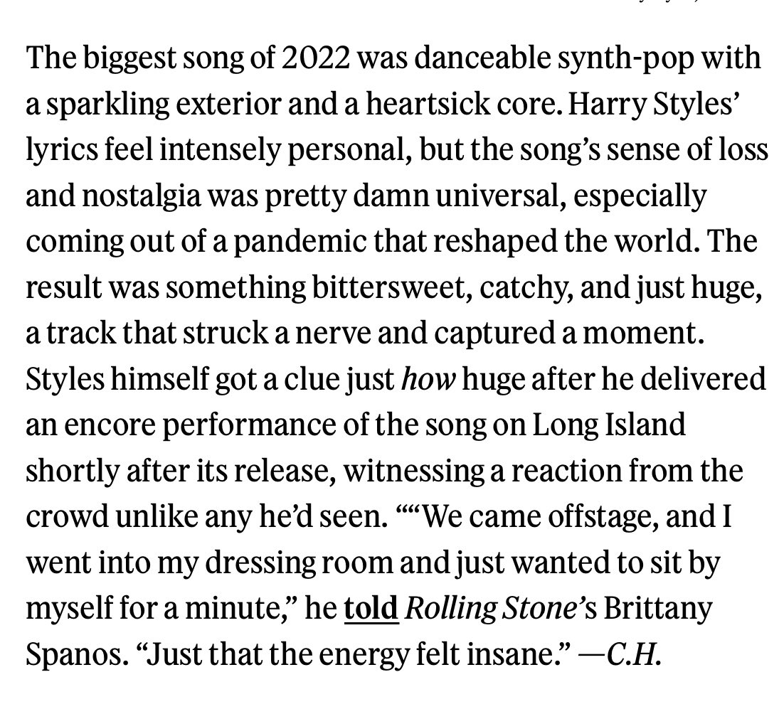 🗞️ | Rolling Stone ranks “As It Was” by <a href="/Harry_Styles/">Harry Styles.</a> #71 on  their list of 250 Greatest Songs of the 21st Century So Far. 

— “Styles’ lyrics feel intensely personal […] The result was something bittersweet, catchy, &amp; just huge, a track that struck a nerve &amp; captured a moment.”