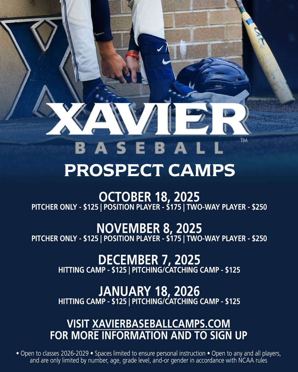 There's still time to sign up for our upcoming prospect camps!  

Visit XavierBaseballCamps.com for more information and to register!  ⬇️⬇️⬇️