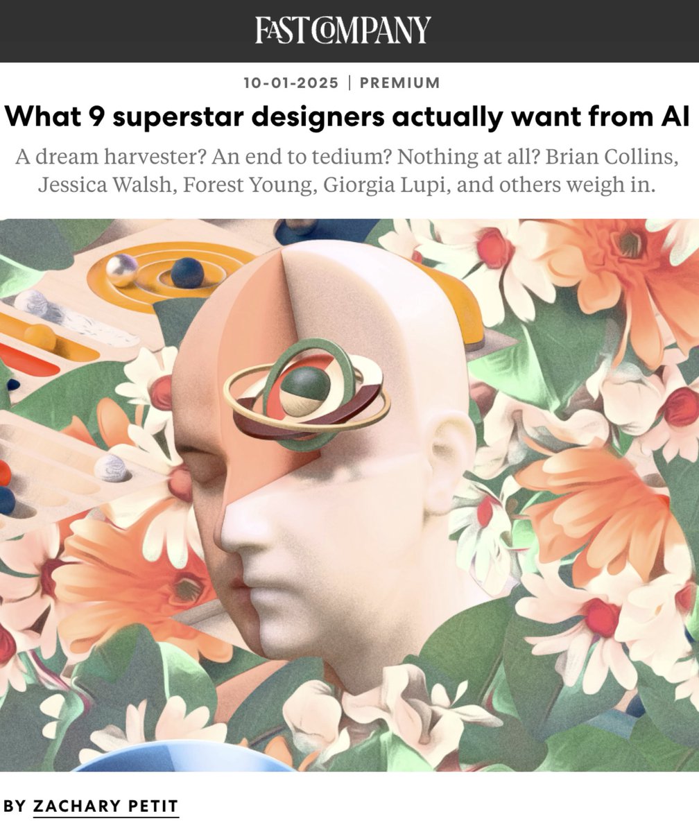 wearecollins's tweet photo. @FastCompany asked eight incredible designers what their hopes and wishes for AI’s capabilities and roles might be.

And, in a surprising lack of judgement, they also asked Brian Collins.

You can see it all here:
https://t.co/sJvTcAmb5B https://t.co/hKzKTTzI2g