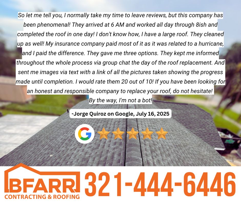 BFARRFL's tweet photo. 20 out of 10!!! Review from a happy homeowner in Deltona, FL!

This homeowner had a large roof replacement after hurricane damage, and here’s what he shared:
✅ Our crew arrived at 6 AM and completed the roof in just ONE day.
✅ Full clean-up at the end of the project.
✅ Clear communication with group chat updates and progress photos sent throughout the day.
✅ Insurance covered most of the cost, and we walked him through his options.

His words say it best:
“If you have been looking for an honest and responsible company to replace your roof, do not hesitate!”

At BFARR Contracting, we pride ourselves on delivering fast, professional, and trustworthy service to Florida homeowners.

📲 If you’re ready for peace of mind, and a roofing contractor you can trust, call us today to schedule your complimentary inspection. 321-444-6446

For more info, visit our website: https://t.co/k5Q1F0eyfz