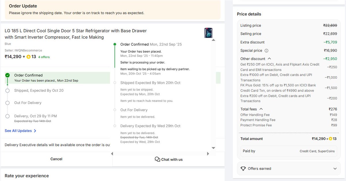 bittwobit's tweet photo. Hello @Flipkart @flipkartsupport
I had ordered a refrigerator on Sept 22, and its delivery date is Oct 14, but now you have changed it to Oct 29, which I won't be able to receive.
Please CANCEL the order and give me a full refund because you are delivering it late. BAD SERVICE!!! https://t.co/DeyywkGsUE