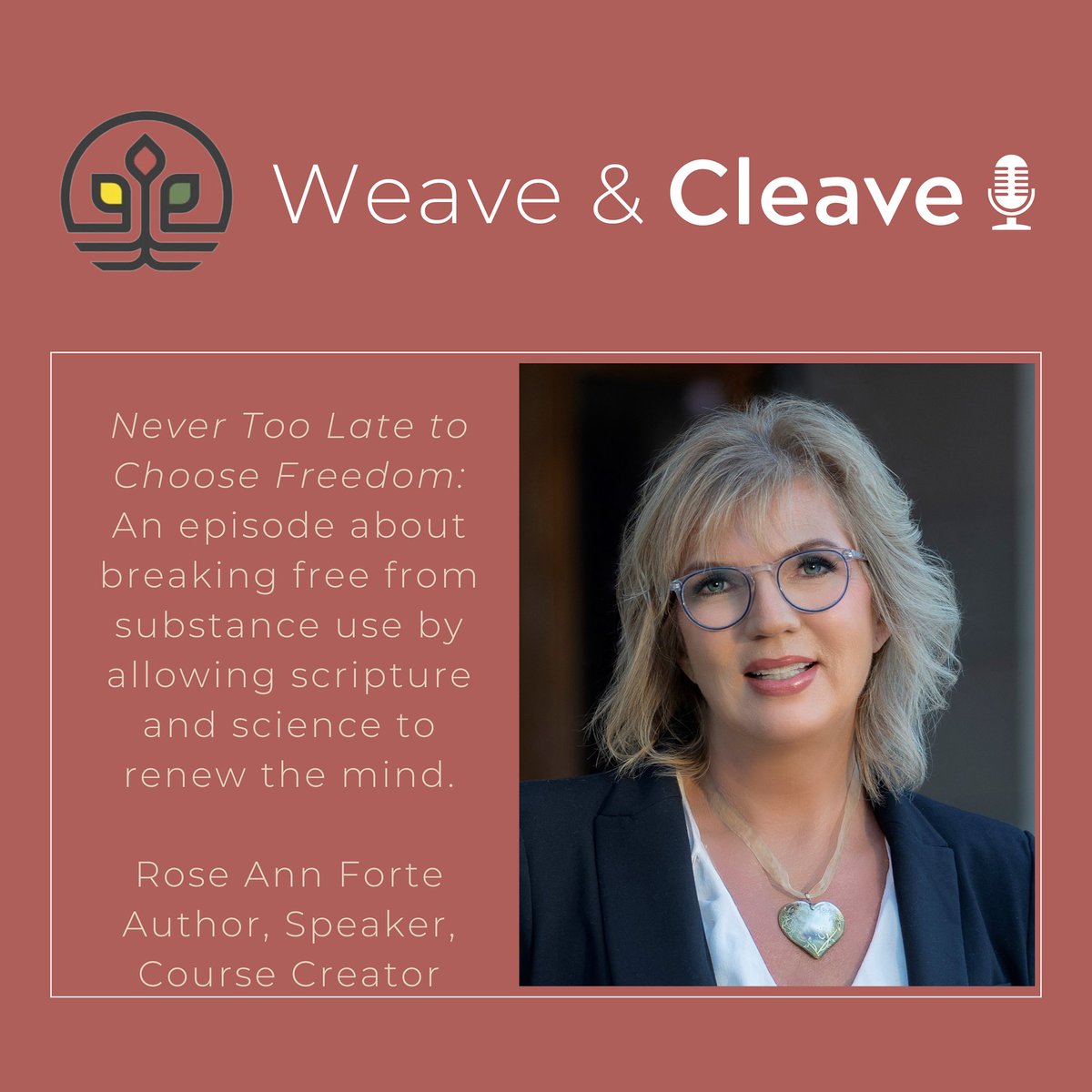 Weave &amp; Cleave Podcast (The Faithful City)
Weaving Voices of Resilience and Belonging
Michelle Stiffler and Sanghoon Yoo

Never Too Late to Choose Freedom: An Interview with Rose Ann Forte

Spreaker
spreaker.com/episode/never-…

Apple Podcast
podcasts.apple.com/us/podcast/wea…