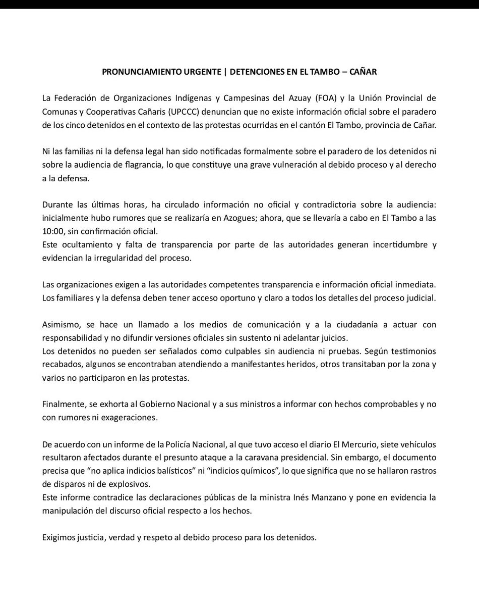 📢 PRONUNCIAMIENTO | #URGENTE #CAÑAR
Denunciamos la falta de información oficial sobre los 5 detenidos en El Tambo.
Ni familiares ni defensa han sido notificados.

Llamamos a la prensa a contrastar fuentes y no replicar versiones oficiales sin sustento.
#LibertadParaLos5