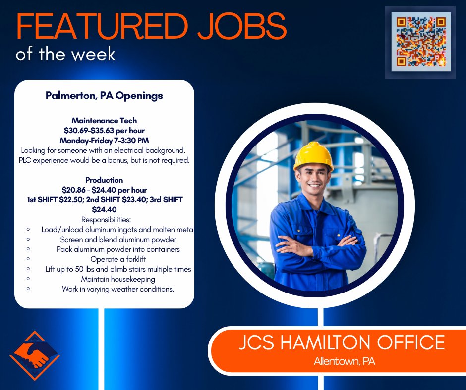 JCSFAMILYINC's tweet image. It&apos;s another day, and we&apos;re thrilled to highlight another fantastic job! The JCS Hamilton office has some amazing opportunities from a client in Palmerton. What a week filled with great jobs!

#jobs #hiring #spotlight #palmerton #jcshamilton #jcsfamilyinc #jobconnectionservices