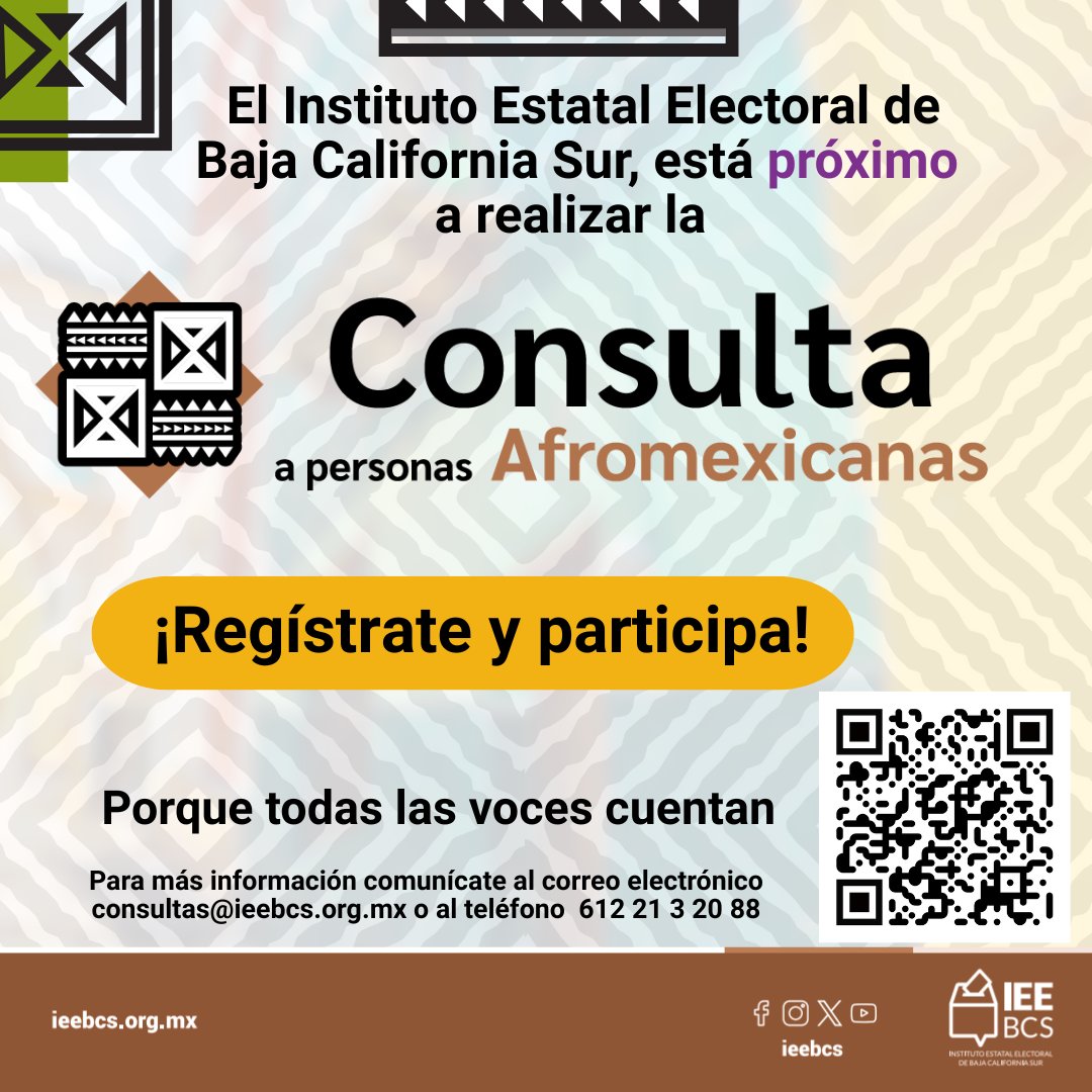 ieebcs's tweet image. ☝El #IEEBCS, está próximo a realizar Consultas dirigidas a grupos de atención prioritaria, una de las consultas que realizará está dirigida a personas afromexicanas, si eres parte de esta comunidad.
¡Regístrate y participa!
forms.gle/rXGoRF2eYRKyhR…