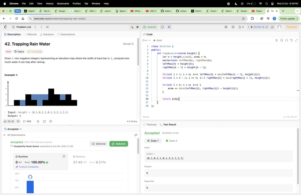 thehungertocode's tweet photo. Hello Everyone 👋
I have completed #Day646 of the #codeeveryday challenge.
Solved: Trapping Rain Water
✅ T.C: O(n)
✅ S.C: O(n)
#consistencyiskey #buildinpublic #developer https://t.co/o4ByYOot0C