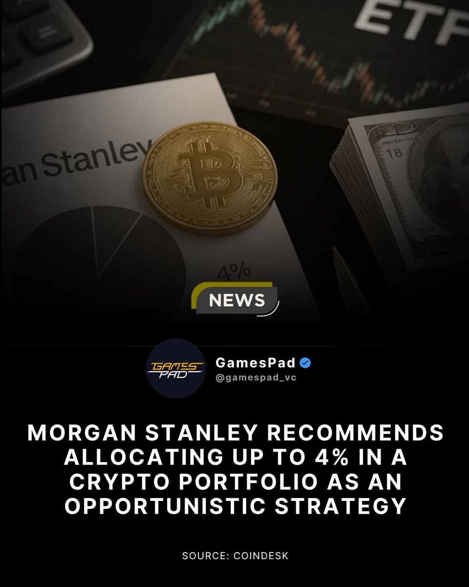 gamespad_vc's tweet photo. @MorganStanley recommended, in a report, an allocation of up to 4% in crypto assets for institutional investors. 

When one of the world's largest banks normalizes crypto as part of a portfolio strategy, the market is not just starting—it is maturing. This is major for #crypto! https://t.co/OlwwOQl7RW