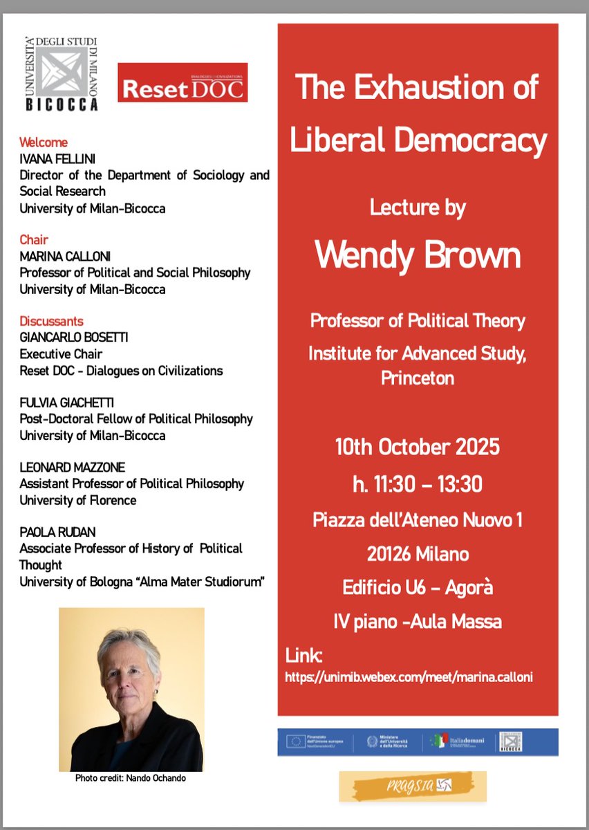 CalloniMarina's tweet photo. Un seminario con Wendy Brown sull'esaurimento del modello liberale, incapace di affrontare #disuguaglianze, #crisi ecologica e #autoritarismo. Serve una #democraziapost-liberale, fondata su giustizia ecologica e #partecipazionedalbasso. https://t.co/OFv4Lt1lqH