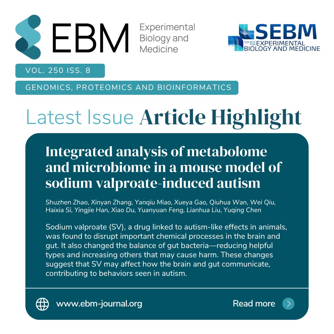 New in Experimental Biology and Medicine: Shuzhen Zhao et al. show that sodium valproate (SV) may induce neurotoxicity and promote autism progression by altering gut microbial balance and brain metabolite profiles.

🔗 ebm-journal.org/journals/exper…