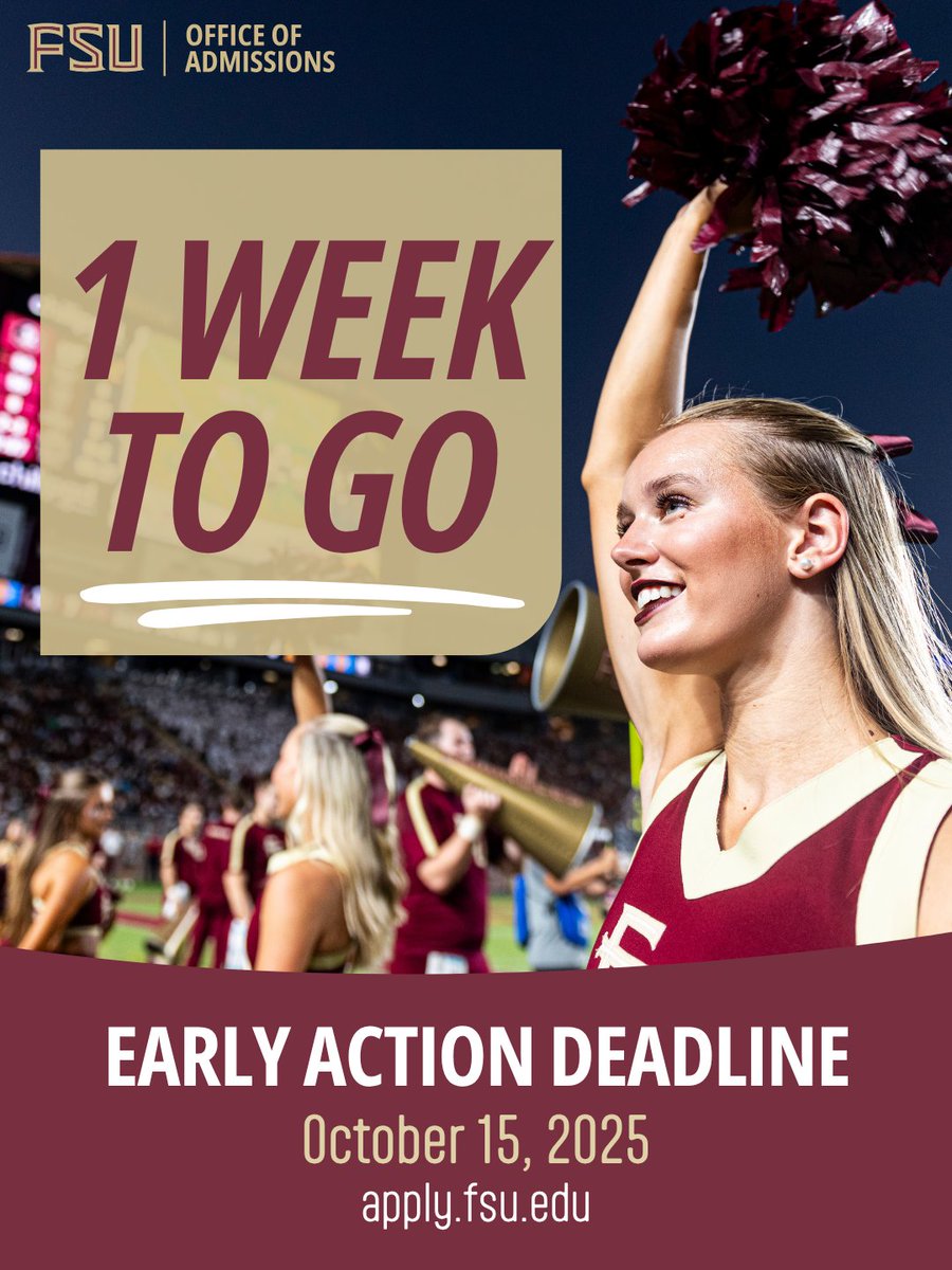 Florida residents: the Early Action application deadline is just one week away! ✅

Submit your application by October 15 and send all materials by October 22 to receive your admission decision on December 11. Don't wait!

🔗Apply now: admissions.fsu.edu/first-year/app…

#FSU30 #NewNole