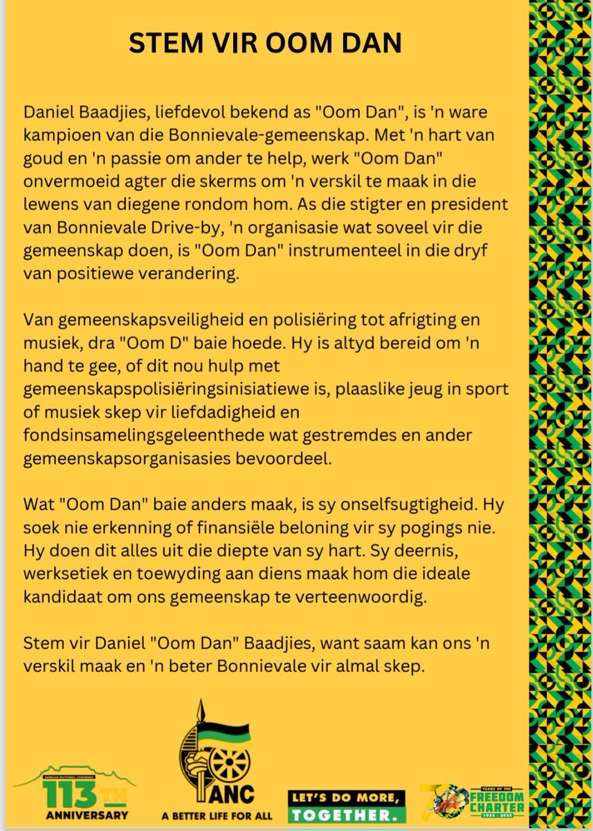 1Khosi_Meth's tweet image. Vote for Cde Daniel Baadjies Langeberg Ward 4 by-elections 🖤💚💛 #VoteANC #ANCatWork @MYANC