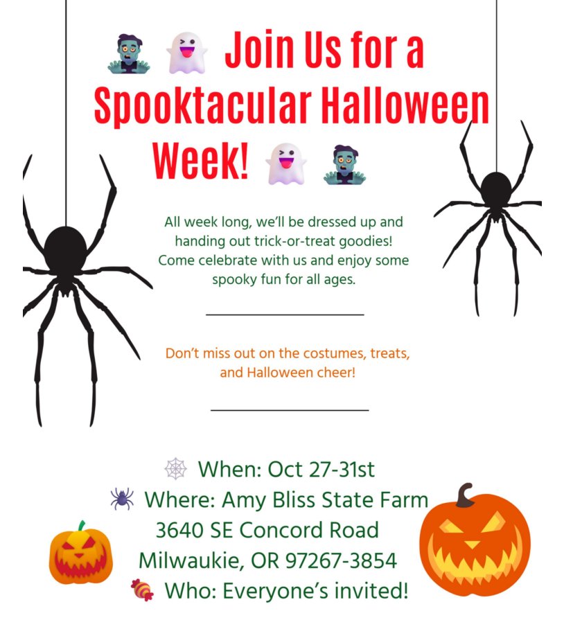 amyblissagency's tweet image. 🎃👻 Spooky October is here! From Oct 27-31, stop by Amy Bliss State Farm for candy &amp;amp; treats all week! We close at 3 PM on Halloween. Come get your sweet surprise &amp;amp; have a fang-tastic time! 🍂🍬 #TrickOrTreatYourPolicy #SpooktacularService