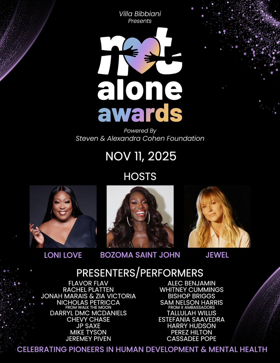 ⭐ BIG NEWS ⭐

We are excited to announce the inaugural Not Alone Awards, presented by Villa Bibbliani,  powered by <a href="/cohengive/">Steven & Alexandra Cohen Foundation</a> and hosted by <a href="/LoniLove/">Loni Love</a> , <a href="/badassboz/">Bozoma Saint John</a> (&amp; Jewel on November 11th at <a href="/WynnLasVegas/">Wynn Las Vegas</a>.

The Not Alone Awards will spotlight trailblazers and advocates whose