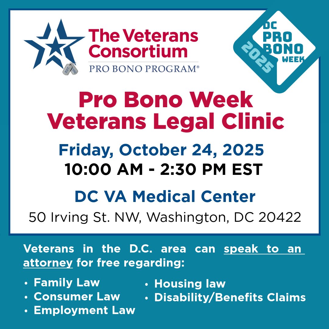 vetsprobono's tweet image. 10/24: In honor of #DCProBonoWeek, we’re hosting an in-person Legal Advice &amp;amp; Referral Clinic at the DC VA Medical Center (50 Irving St NW) from 10am–2:30pm.

All Veterans welcome, walk-ins only. hubs.ly/Q03LB3ZJ0

Thank you @WashLawyers!