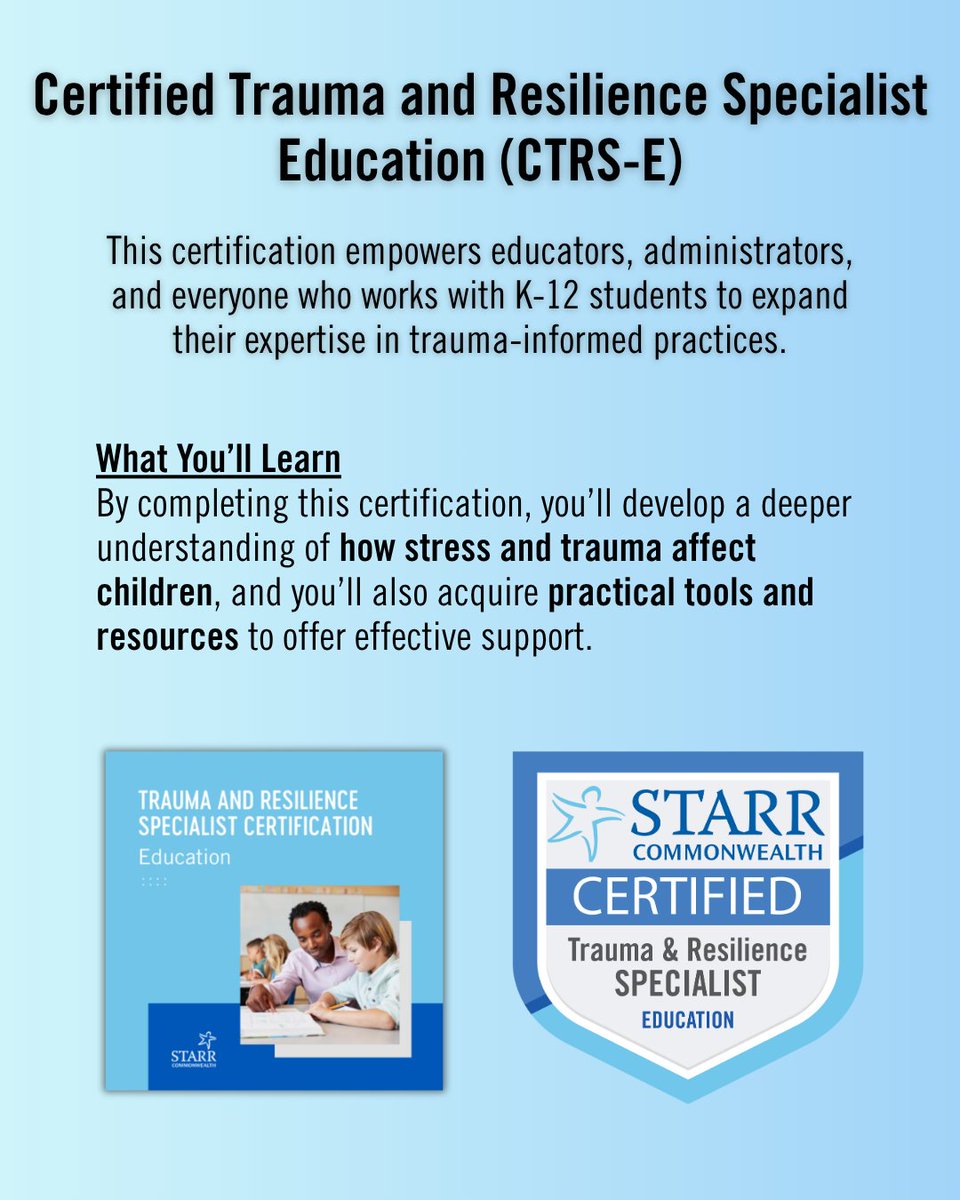 Want to grow your expertise in trauma-informed, resilience-focused care? 💙

Earn your Certified Trauma &amp; Resilience Specialist Certification! Choose from three tracks—Clinical, Early Childhood, or Education.

Find your fit: hubs.ly/Q03MMbfr0

#DrivenToHeal #Certifications